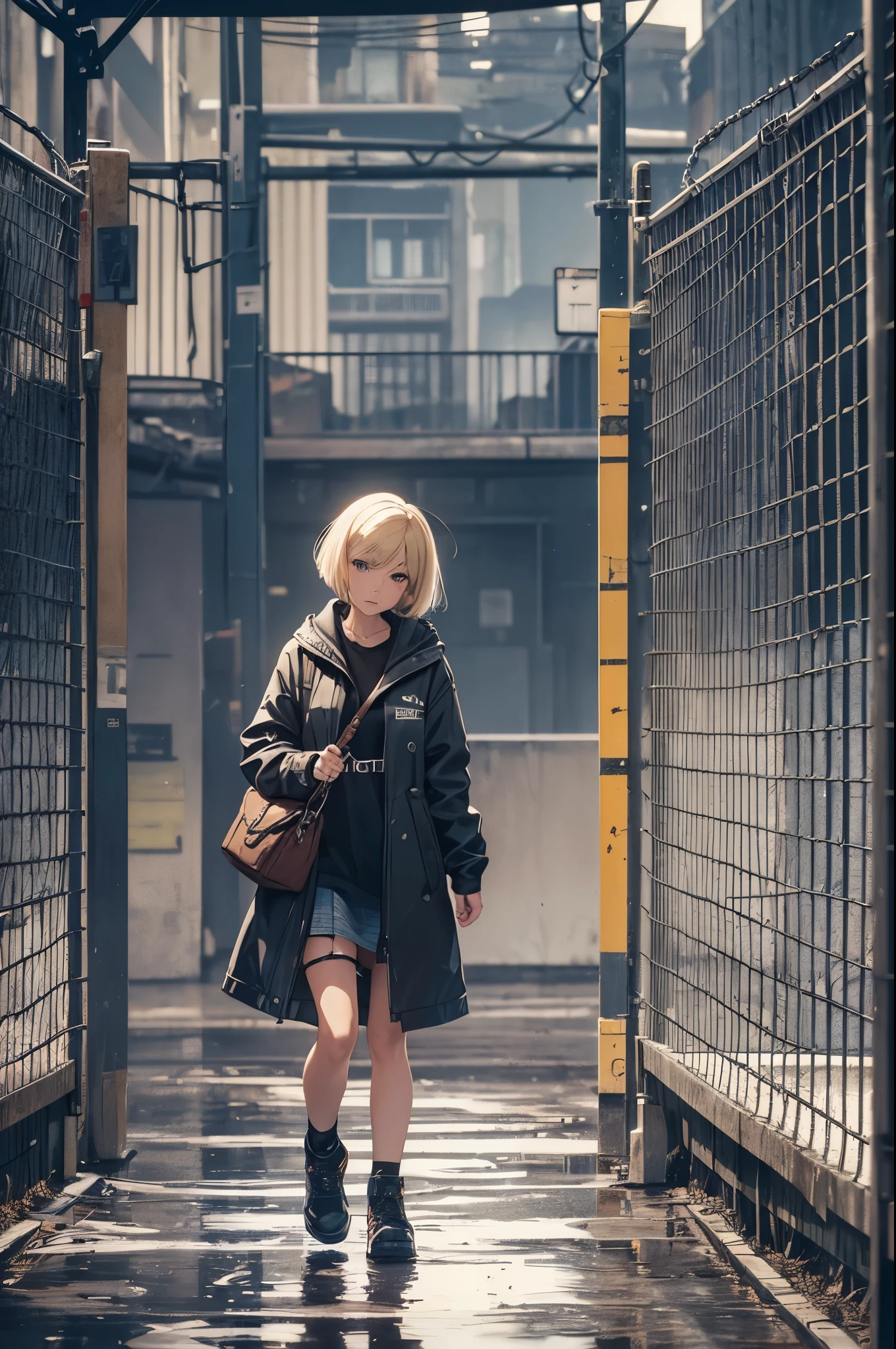 ((20-year-old woman,Blonde short bob hair,She is walking through an huge chain link fence in the Uneasy atmosphere world)),inside the monochrome world,There are monsters in the chain link fence,Uneasy atmosphere.