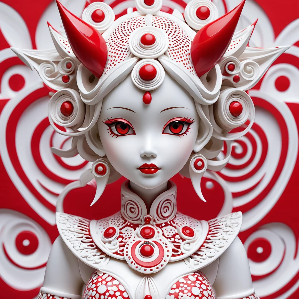 a very pretty face, red eyes, wear intricate sculpture body with swirly pattern, collar-spike, background, red and white polka dot, drippy swirly sculpture, 