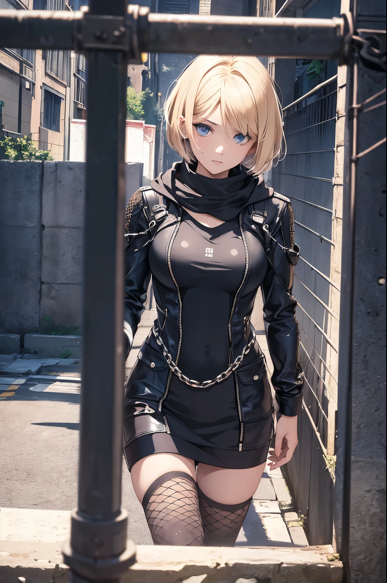((20-year-old woman,Blonde short bob hair,She is walking through an huge chain link fence in the Uneasy atmosphere world)),inside the monochrome world,There are monsters in the chain link fence,Uneasy atmosphere.
