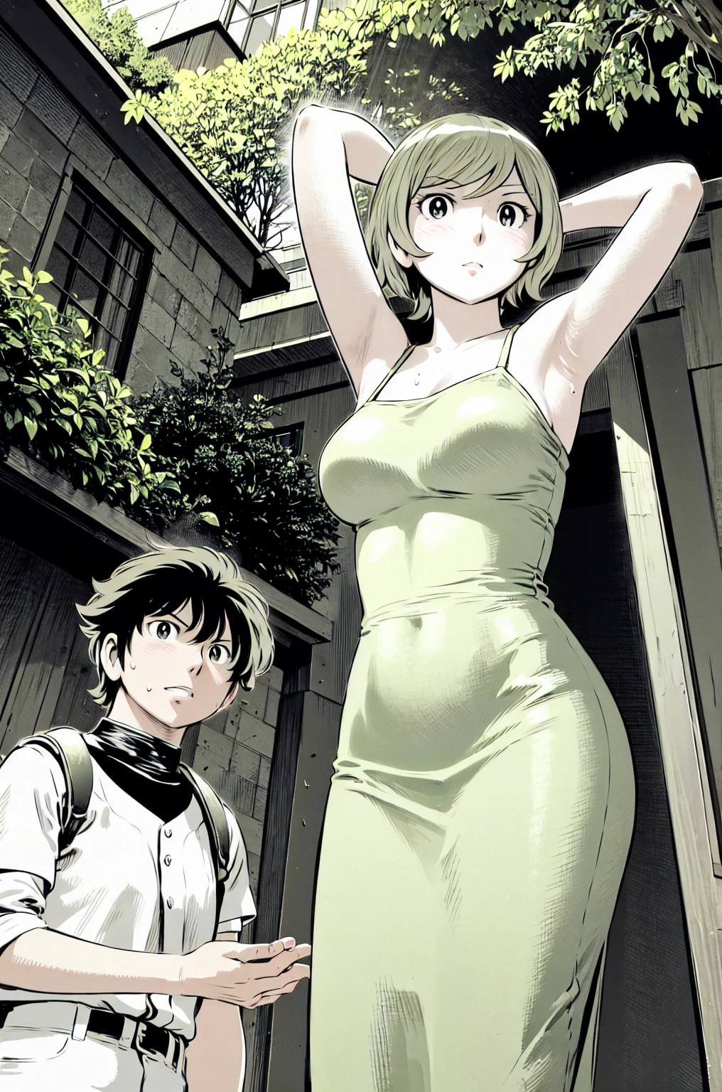 、(masterpiece、Highest quality)、Highest quality, Ultra-high resolution, (((masterpiece))), alone, Sweat、Big eyes, Please show me your armpits, No sleeve、Outdoor、Floral dress、Composition from the front、(Cut the back hair short、short hair、blonde、woman)、Shortcuts、Embarrassed face、Cut your hair short、可愛いwomanの子、Big Breasts