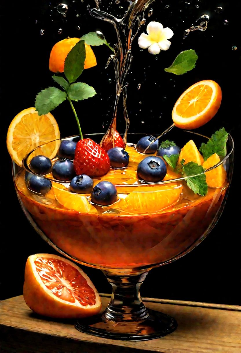 (Movie Photos:1.3) of (Realistic:1.3) a studio shot of a (explode:0.2) (低重力of果物:1.1) (Splash:0.9) a glass of water with strawberries, Contains orange and blueberry, Splash Image, Full Color, In Kamba, splashes of liquid, Drink, Fruit basket, 強い赤of色合い, Ticker, Invoking joy, 水of渦巻き, By Fred Marcelino, スプラッシュ解除時ofトップセレクション, professional food photography, Artistic photography. Black background