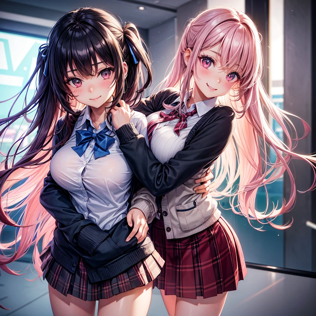 best quality,,smile,cardigan,Girls hugging each other,Evolution Fashion,future fashion,blazer,ribbon on uniform,mini skirt,high school girl,multiple girls are depicted,harem,idol group,photo shoot,long hair,wearing a cardigan,highest quality,big breasts,happy girl,horny girl,pink eyes,perfect face,standing position,I have my hands in my pockets,letting down one's Bangs,beautiful eyes,gym,girls hugging each other,smooth hair,multicolored hair colors,naughty girl,School,beautiful girl,beautiful girl,loose socks