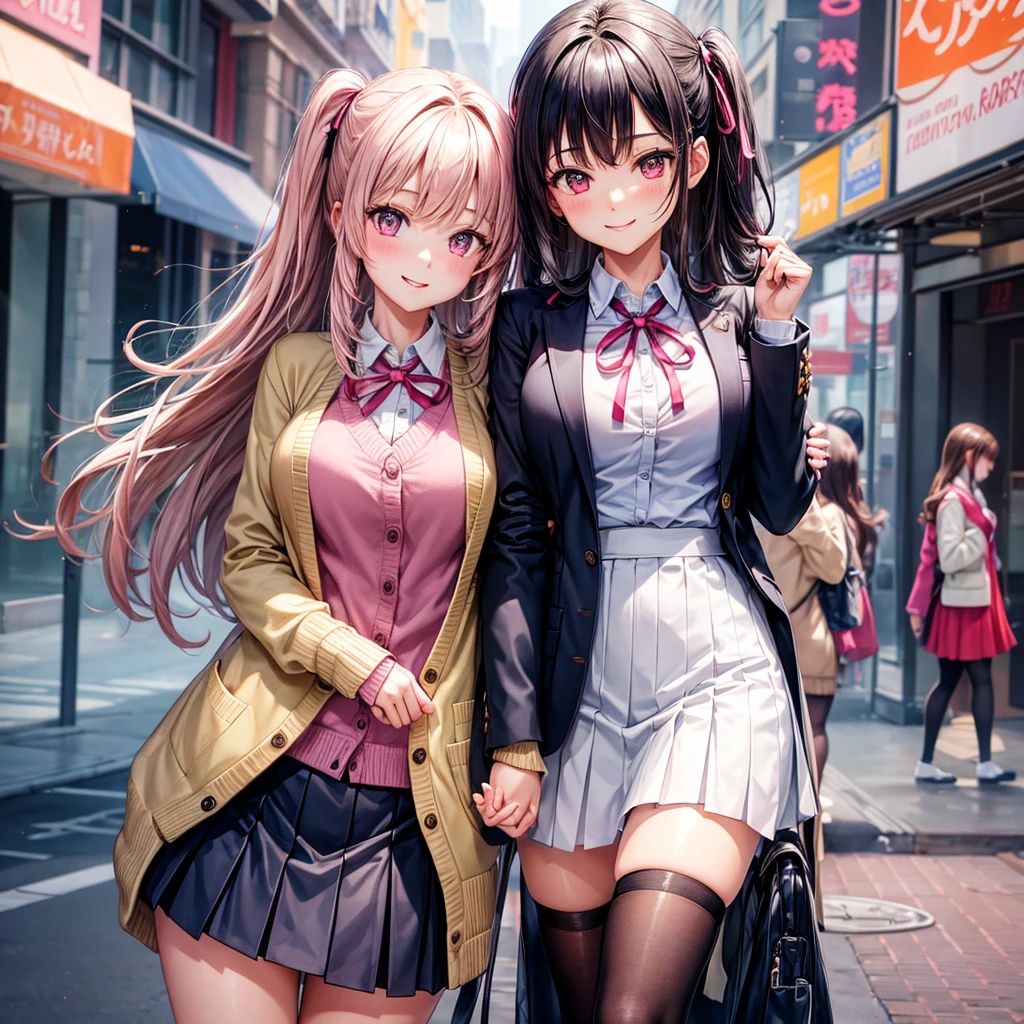 best quality,,smile,cardigan,Girls hugging each other,Evolution Fashion,future fashion,blazer,ribbon on uniform,mini skirt,high school girl,multiple girls are depicted,harem,idol group,photo shoot,long hair,wearing a cardigan,highest quality,big breasts,happy girl,horny girl,pink eyes,perfect face,standing position,I have my hands in my pockets,letting down one's Bangs,beautiful eyes,gym,girls hugging each other,smooth hair,multicolored hair colors,naughty girl,School,beautiful girl,beautiful girl,loose socks