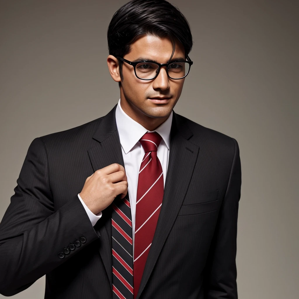 Man with glasses, black hair, black suit with small white stripes, and red tie