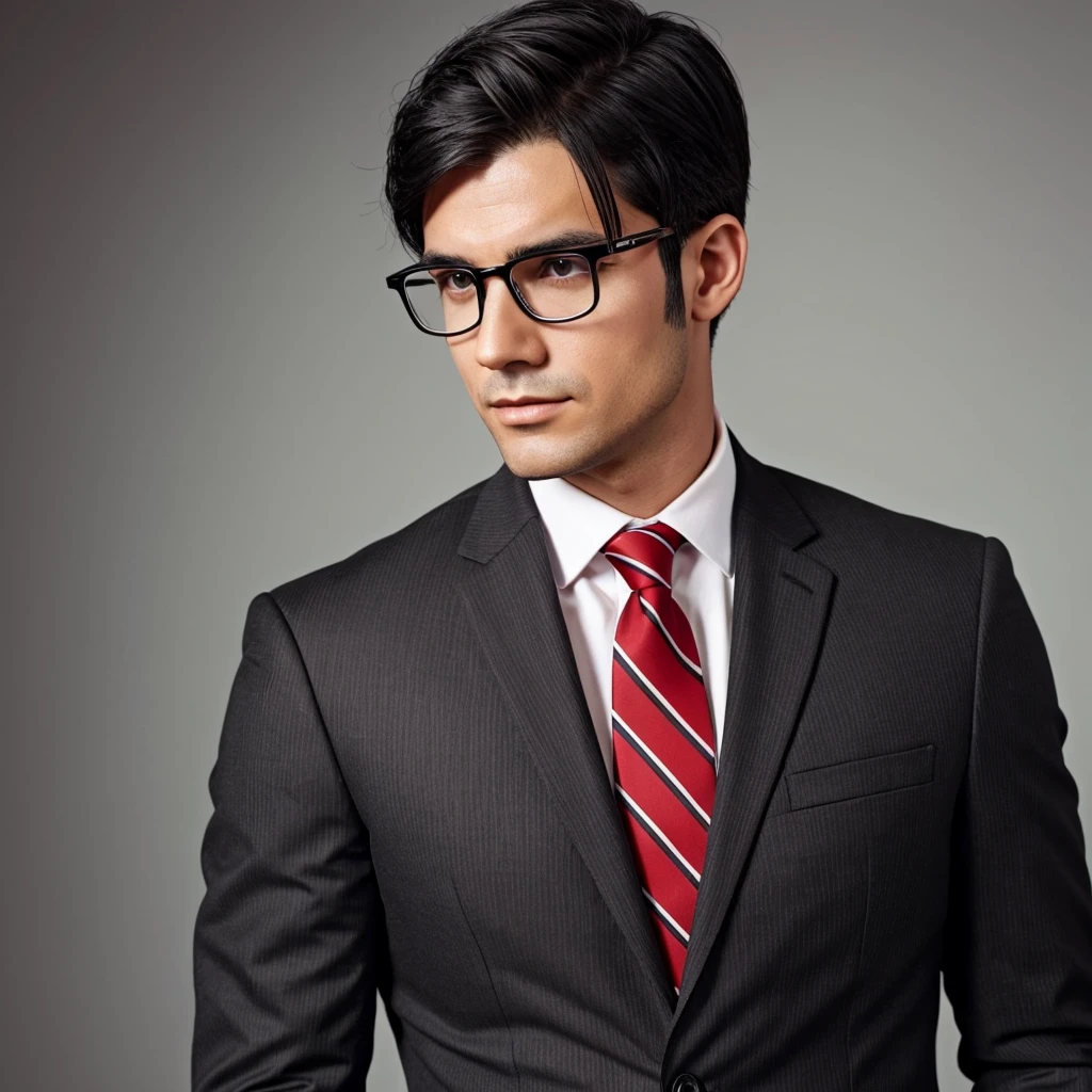 Man with glasses, black hair, black suit with small white stripes, and red tie