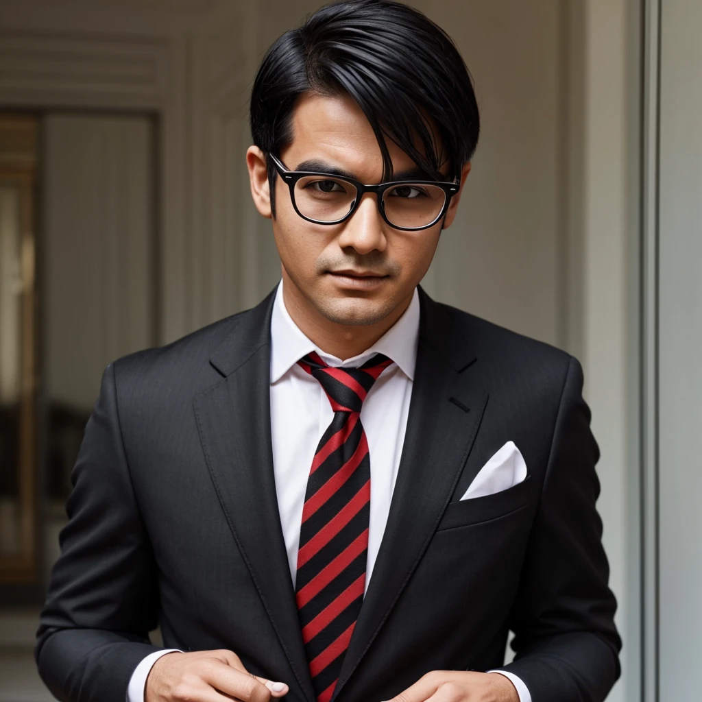Man with glasses, black hair, black suit with small white stripes, and red tie