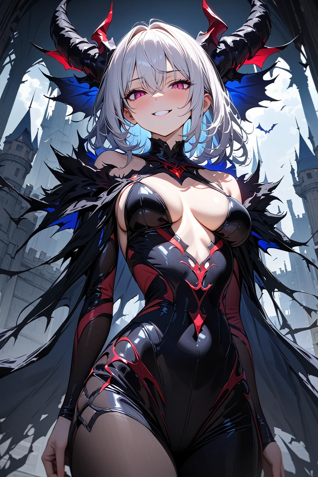 (masterpiece, best quality:1.5), (ultra detailed, high resolution, 8k, beautiful detailed, UHD, best anatomy), white hair, medium breasts, devil king, Castle of the Demon King, dark night, eerie, ominous, Eerie Smile