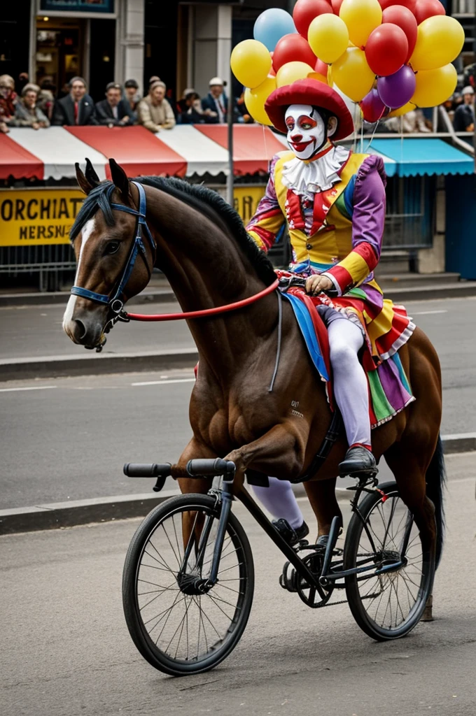 Horse on a bicycle on the way to the circus dressed as a clown 