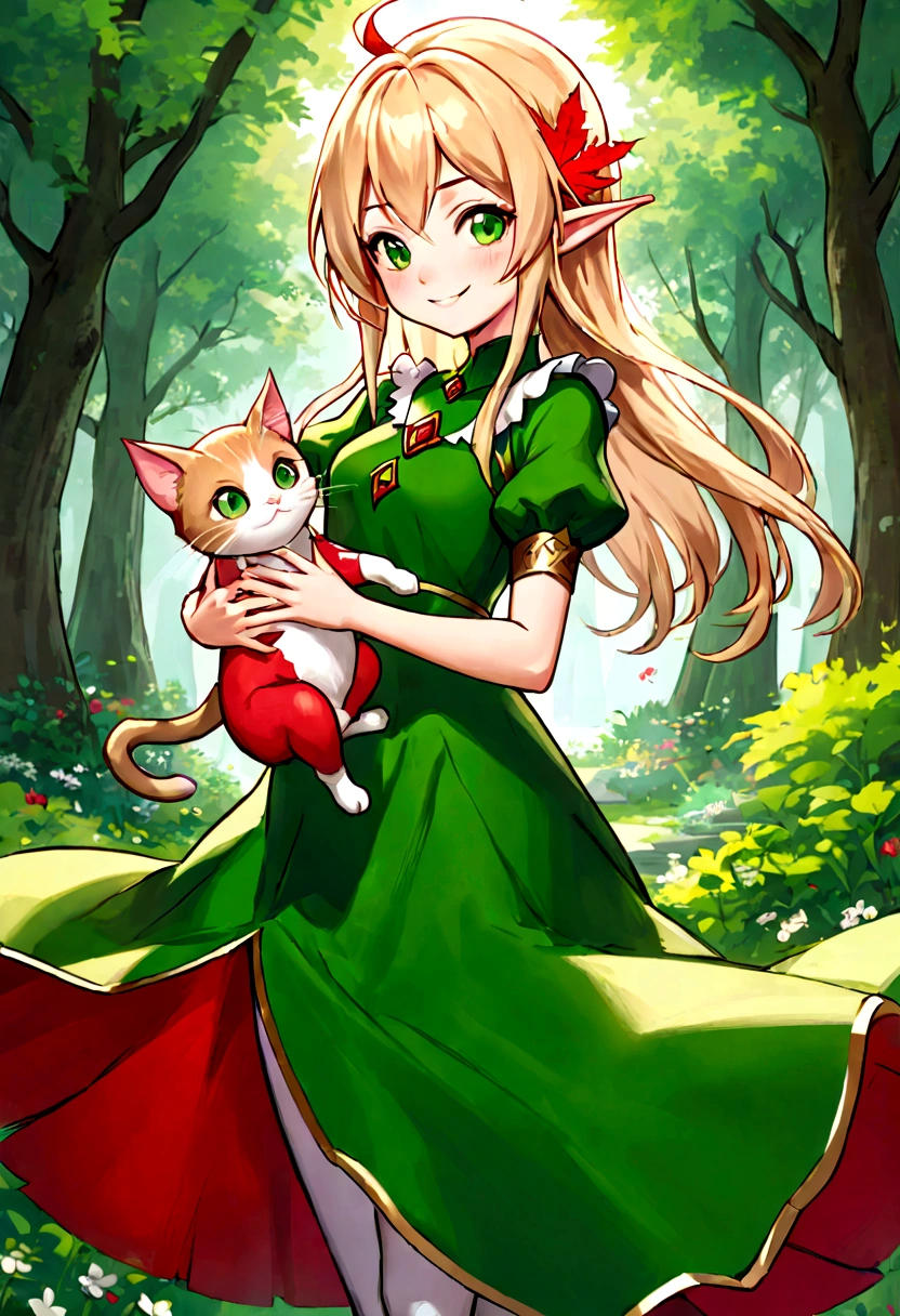 A cartoon girl with blond hair and green dress holding a cat, (((crazy))) Elf Princess, Elf Girl, Red Cliff, Elf Princess, advanced digital Red Cliff art, Red Cliff art, change, Elf character with a silly smile, Character art of Maple Leaf Story, La Rafael, alluring Elf Princess knight, Visual Novel Elf, Female Elf, little Elf Girl, elf queen