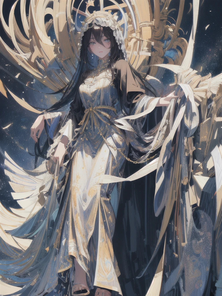 ((masterpiece, highest quality, Super detailed, High resolution)), alone, beautiful girl, shining eyes, perfect eyes, 15 years old, black white gold theme,