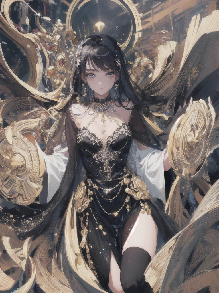 ((Gold and black hair)),(super long hair with curls),((She is wearing a mask like one would wear at a masquerade ball......)),((Mask to cover the eyes)),((Show off your body line beautifully with a tight dress、One-piece dress with a flowing silhouette,white, Silver, Gold and black dress)),(double flare sleeves),((corsets)),((The hem of the dress is long enough to reach the ground.)),(A chaotic worldview mixed with black, Gold and Silver),(Tartarus),(Hellish world),((abyss)),((Have the hem of the dress、please accept me as a nobleman'Daughter of..)),((smile with a fearless face)),(NSFW),((The hem of the dress sways as if dancing.....)),(Back close-up),(dance while looking back),