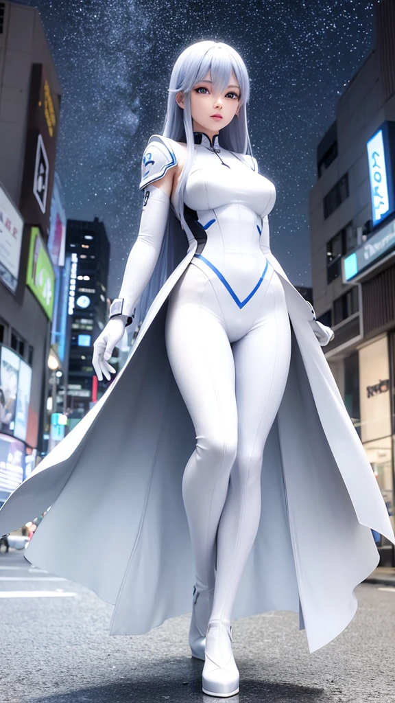 Creates a 3D rendered anime cartoon style image of a beautiful traditional soldier armed with futuristic weapons with blue eyes, white-violet hair, black suit, gray and white suit must have all the trappings of a soldier suit central street setting in tokyo wet floor, night lighting,apply microparticulate neon to the details of the environment in all its colors ,full body shot 300 dpi , HDMI and full definition esena great vibrant tones, perfectly intricate details