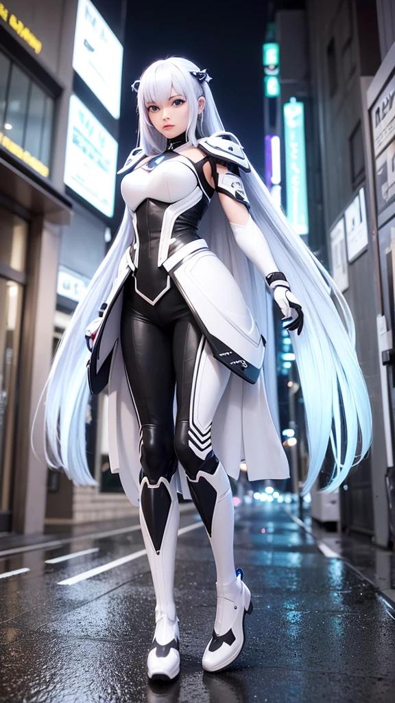 Creates a 3D rendered anime cartoon style image of a beautiful traditional soldier armed with futuristic weapons with blue eyes, white-violet hair, black suit, gray and white suit must have all the trappings of a soldier suit central street setting in tokyo wet floor, night lighting,apply microparticulate neon to the details of the environment in all its colors ,full body shot 300 dpi , HDMI and full definition esena great vibrant tones, perfectly intricate details 