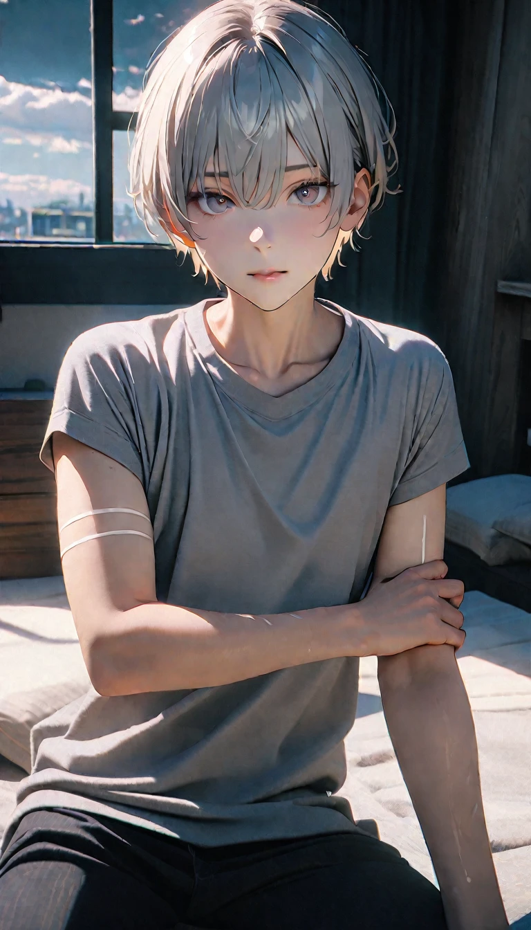 (8K, RAW photos, best quality, masterpiece: 1.4), (((Boy looking at his arm)))，Ultra-high resolution, Extremely detailed, light, closeup of arms, handsome boy, black eyes, (delicate eyes, Eyes are bright:1.2), Gray short hair, Fair skin,dark, Grey sweatshirt, sweatshirt with hood,(perfect ???????:1.2), High-quality shadows, Natural Lighting, (White highlights:1.2), night, cloudy day, (at home:1.2), (White lines on arms:1.2)