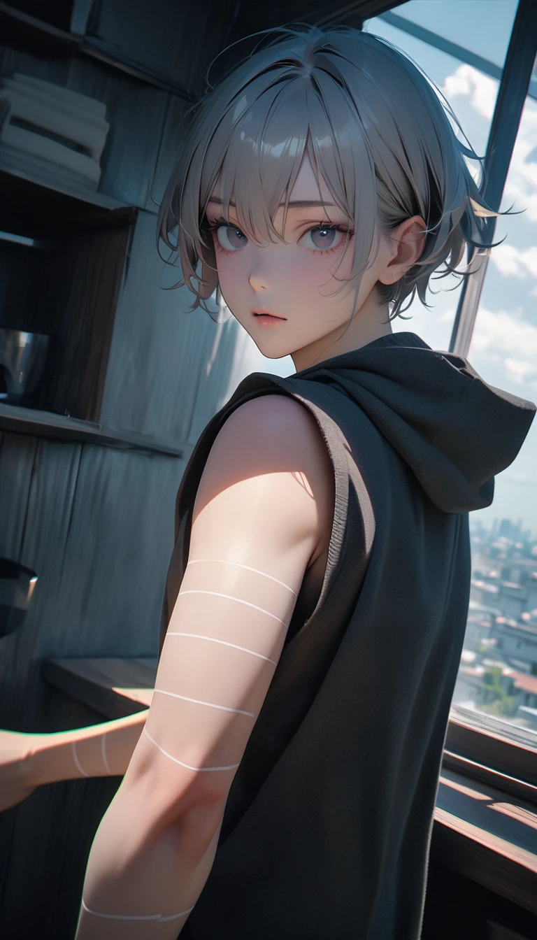 (8K, RAW photos, best quality, masterpiece: 1.4), (((Boy looking at his arm))),Ultra-high resolution, Extremely detailed, light, closeup of arms, handsome boy, black eyes, (delicate eyes, Eyes are bright:1.2), Gray short hair, Fair skin,dark, Grey sweatshirt, sweatshirt with hood,(perfect anatomy:1.2), High-quality shadows, Natural Lighting, (White highlights:1.2), night, cloudy day, (at home:1.2), (White lines on arms:1.2)