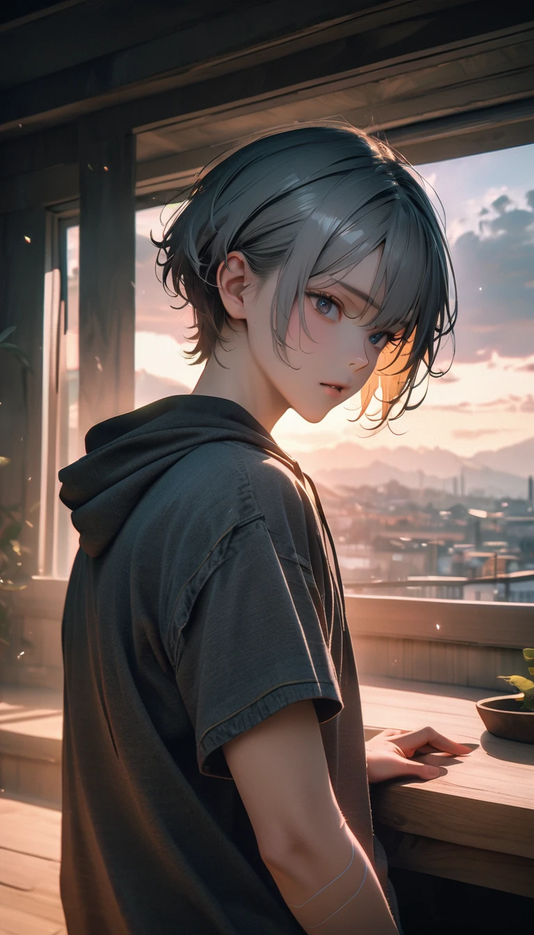 (8K, RAW photos, best quality, masterpiece: 1.4), (((Boy looking at his arm))),Ultra-high resolution, Extremely detailed, light, closeup of arms, handsome boy, black eyes, (delicate eyes, Eyes are bright:1.2), Gray short hair, Fair skin,dark, Grey sweatshirt, sweatshirt with hood,(perfect anatomy:1.2), High-quality shadows, Natural Lighting, (White highlights:1.2), night, cloudy day, (at home:1.2), (White lines on arms:1.2)