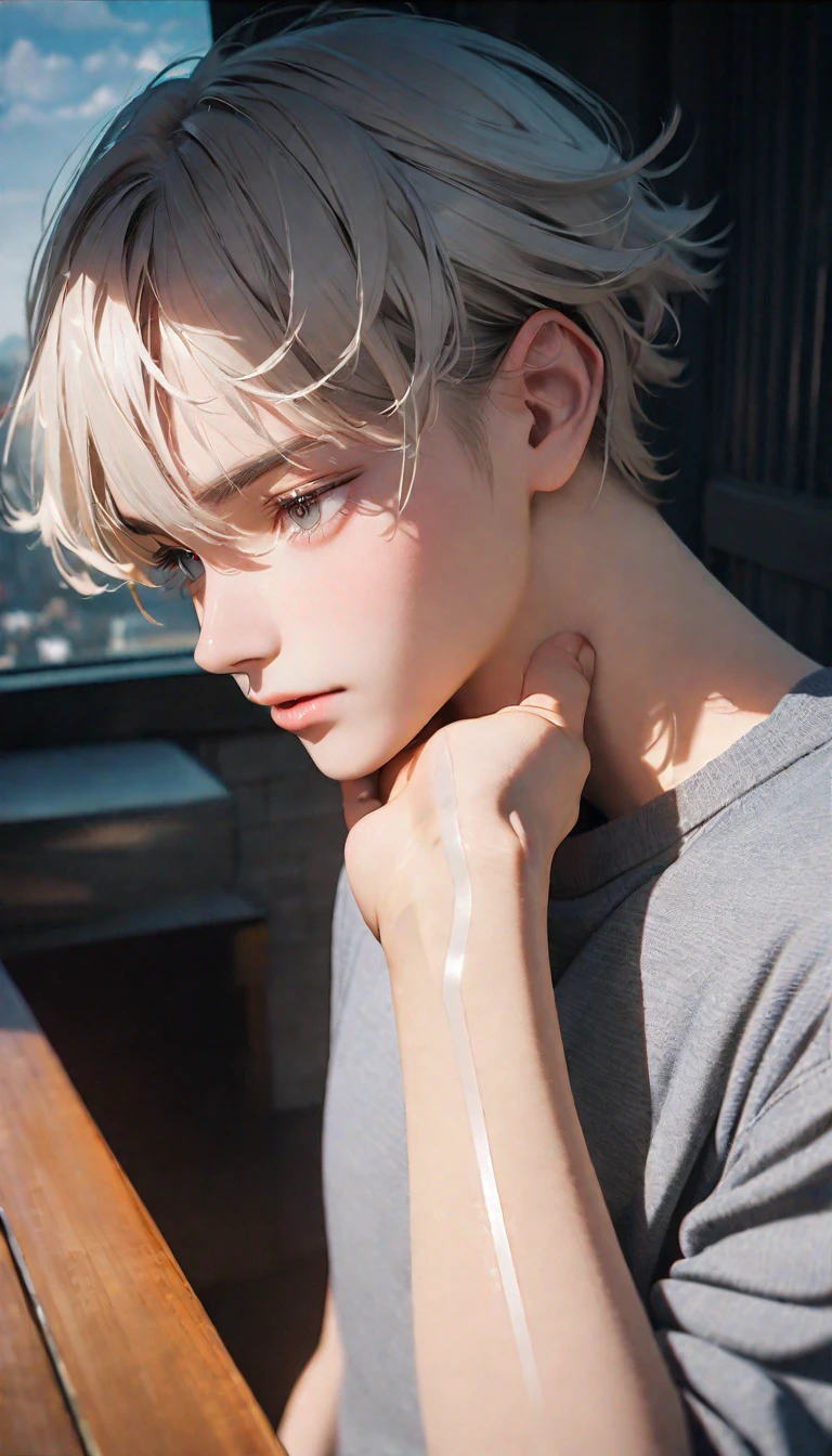 (8K, RAW photos, best quality, masterpiece: 1.4), (((Boy looking at his arm)))，Ultra-high resolution, Extremely detailed, light, closeup of arms, handsome boy, black eyes, (delicate eyes, Eyes are bright:1.2), Gray short hair, Fair skin,dark, Grey sweatshirt, sweatshirt with hood,(perfect anatomy:1.2), High-quality shadows, Natural Lighting, (White highlights:1.2), night, cloudy day, (at home:1.2), (White lines on arms:1.2)