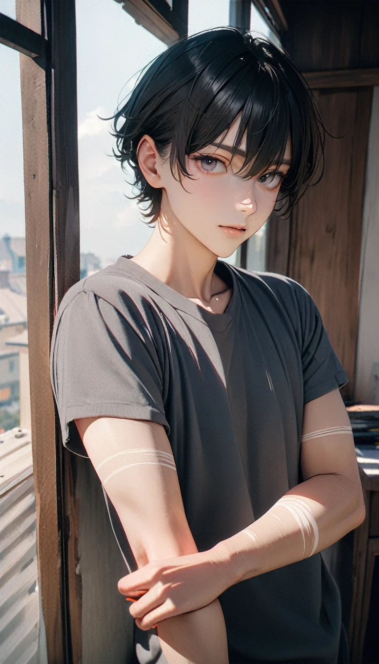 (8K, RAW photos, best quality, masterpiece: 1.4), (((Boy looking at his arm)))，Ultra-high resolution, Extremely detailed, light, closeup of arms, handsome boy, black eyes, (delicate eyes, Eyes are bright:1.2), Gray short hair, Fair skin,dark, Grey sweatshirt, sweatshirt with hood,(perfect anatomy:1.2), High-quality shadows, Natural Lighting, (White highlights:1.2), night, cloudy day, (at home:1.2), (White lines on arms:1.2)