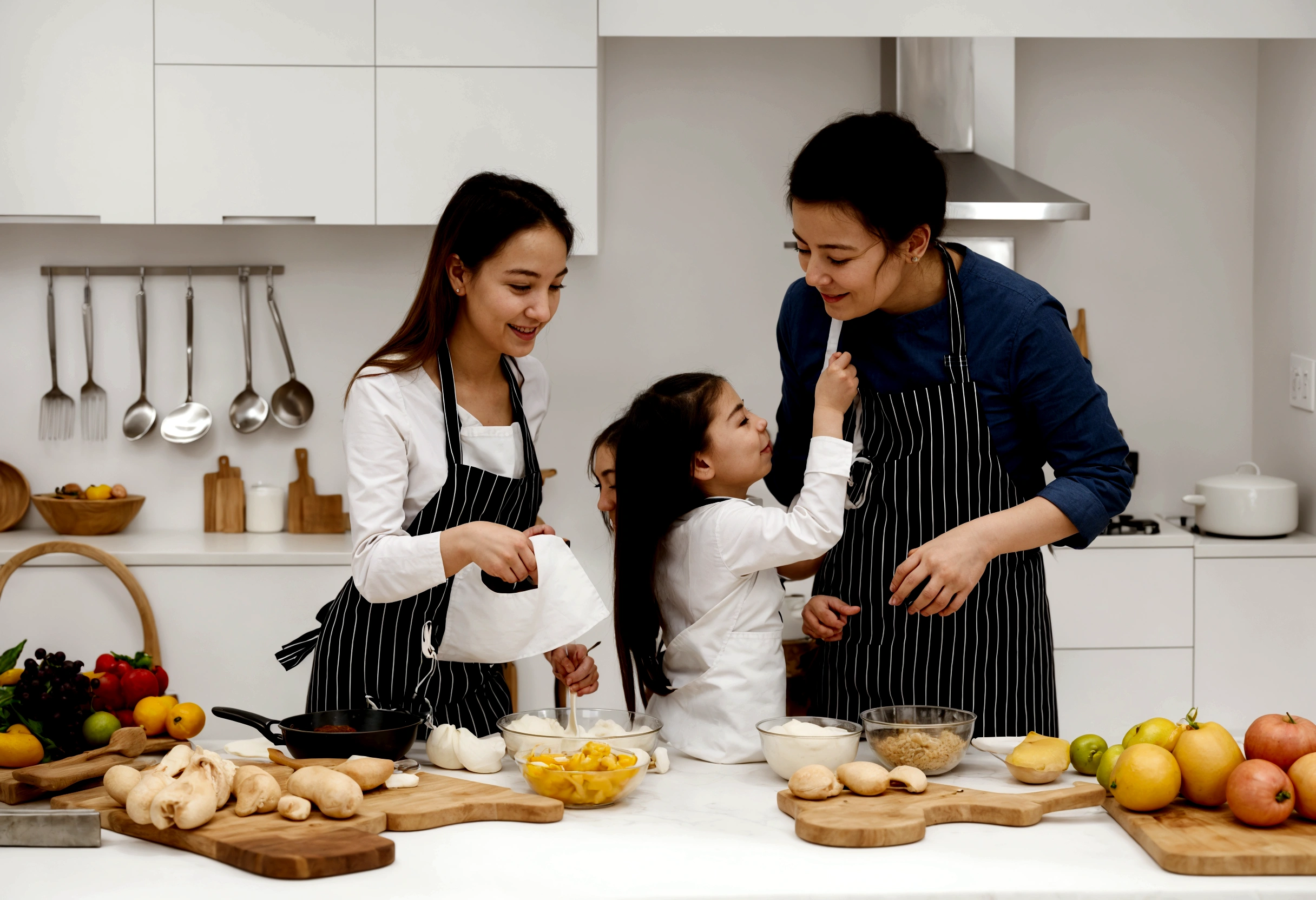araffes and a woman and a are In the kitchen, cooking, Wearing an apron, In the kitchen里, photo, lifestyle, gourmet food, In the kitchen, French, , cooking show, happy , Husband, wife, daughter,child,child, European, shutter, healthy, photography, 营销photo, Mixed Art, Warm and convivial atmosphere
