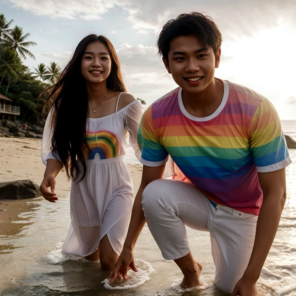 A young Malay man with  wearing a rainbow shirt beach and white jeans, is playing in the water at the beach with a long-haired Asian woman wearing a white dress beach color rainbow. It's daytime, with clear sunny weather and a sunset. They both have cheerful expressions. The photo is very realistic, cinematic, detailed, and in 8K UHD resolution.