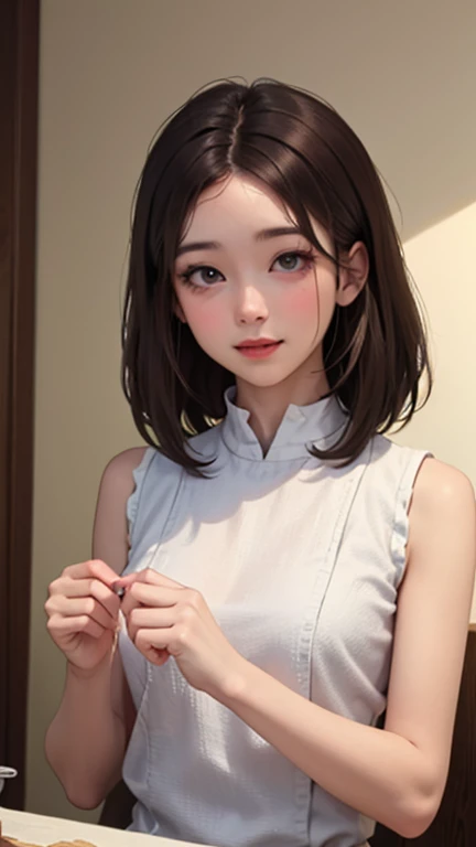 blush a little and smile, (Top quality masterpiece:1.2) Delicate illustrations, Very detailed, /Beautiful Japanese Women、1 person,Very cute and slim、Great style 、((8K images、super high quality))、Very delicate face, Skin and Hair、beautifule forehead、Red lipstick、(((((Mid-length hair、Brown Hair))))),Very cute Japanese cut face、Eyes and nose are clearly visible、Kind eyes,((((Sleeveless fashion))))