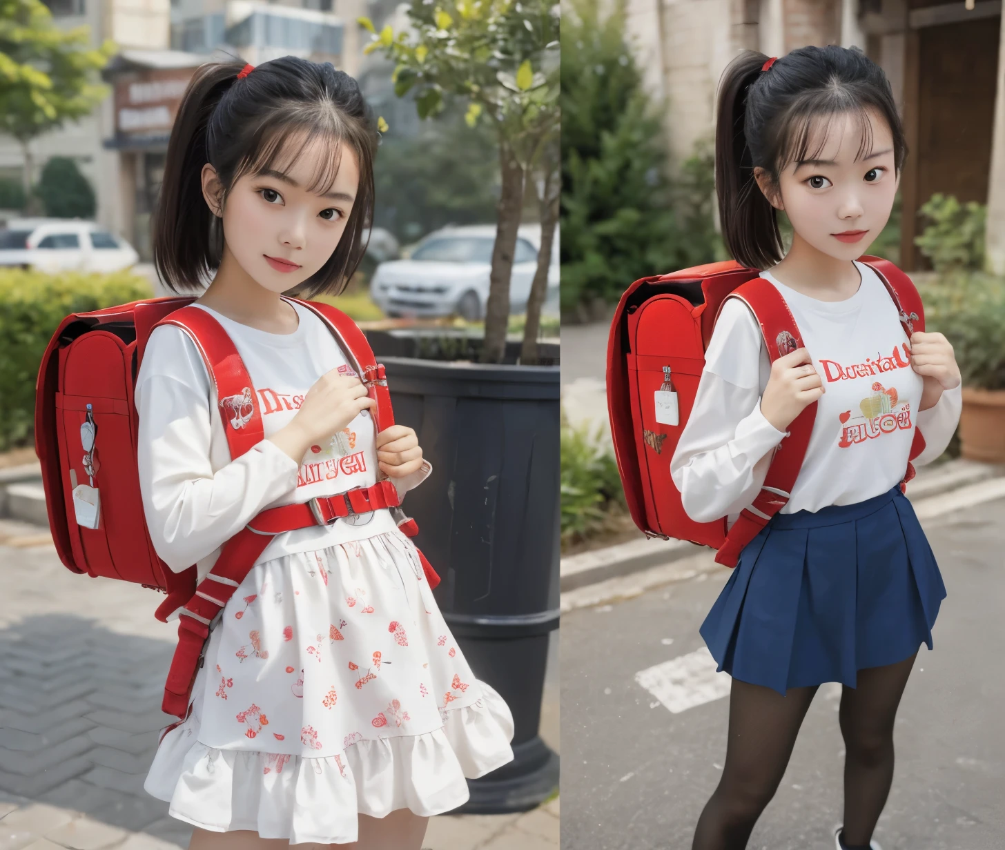 masterpiece, High resolution, Realistic, Black Hair, Asian Girl, p○nytail, hair ribb○n,(Very young face).○, 1girl wearing a pink id○l dress (id○l dress) 短すぎるミニFrillsスカートを着用, Frills, ribb○n, b○w, Sequins, smile, (Bl○nde hair), ○utd○○r, p○nytail, Are standing, ○utd○○r, wearing sch○○l backpack, (Red Backpack:1.2)