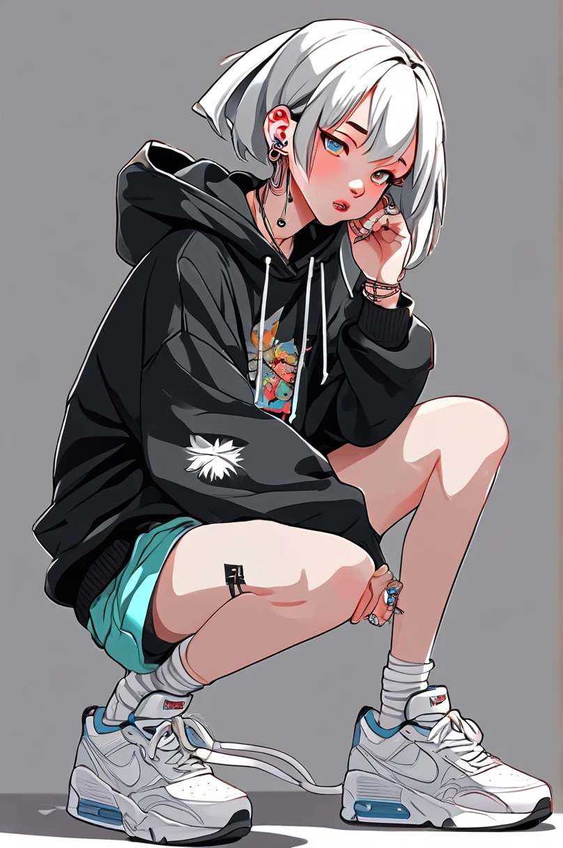 Plain background, Anime Portrait, One girl, 2D, Flat anime style, Studio Illustration, 
masterpiece, Highest quality, hoodie, Girls Shots, Standing pose, whole body, Silver or gold necklaces and thin rings, 
sneakers, Ahoge, 16 years old, Beautiful and attractive anime teen, Bad boy, Tattoo, Nose Piercing, Lip Piercing