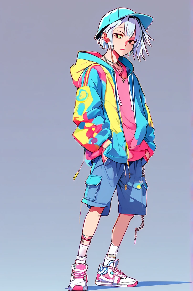 Plain background, Anime Portrait, One girl, 2D, Flat anime style, Studio Illustration, 
masterpiece, Highest quality, hoodie, Girls Shots, Standing pose, whole body, Silver or gold necklaces and thin rings, 
sneakers, Ahoge, ************, Beautiful and attractive anime teen, Bad boy, Tattoo, Nose Piercing, Lip Piercing