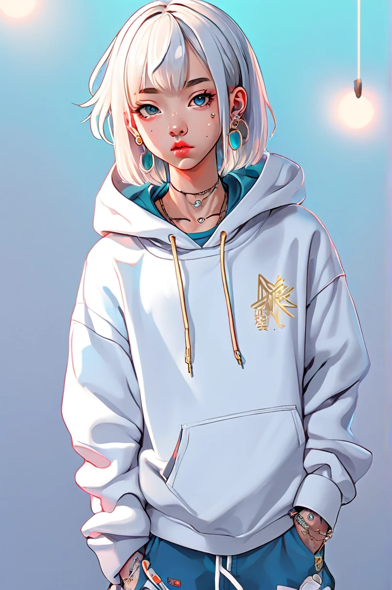 Plain background, Anime Portrait, One girl, 2D, Flat anime style, Studio Illustration, 
masterpiece, Highest quality, hoodie, Girls Shots, Standing pose, whole body, Silver or gold necklaces and thin rings, 
sneakers, Ahoge, 16 years old, Beautiful and attractive anime teen, Bad boy, Tattoo, Nose Piercing, Lip Piercing