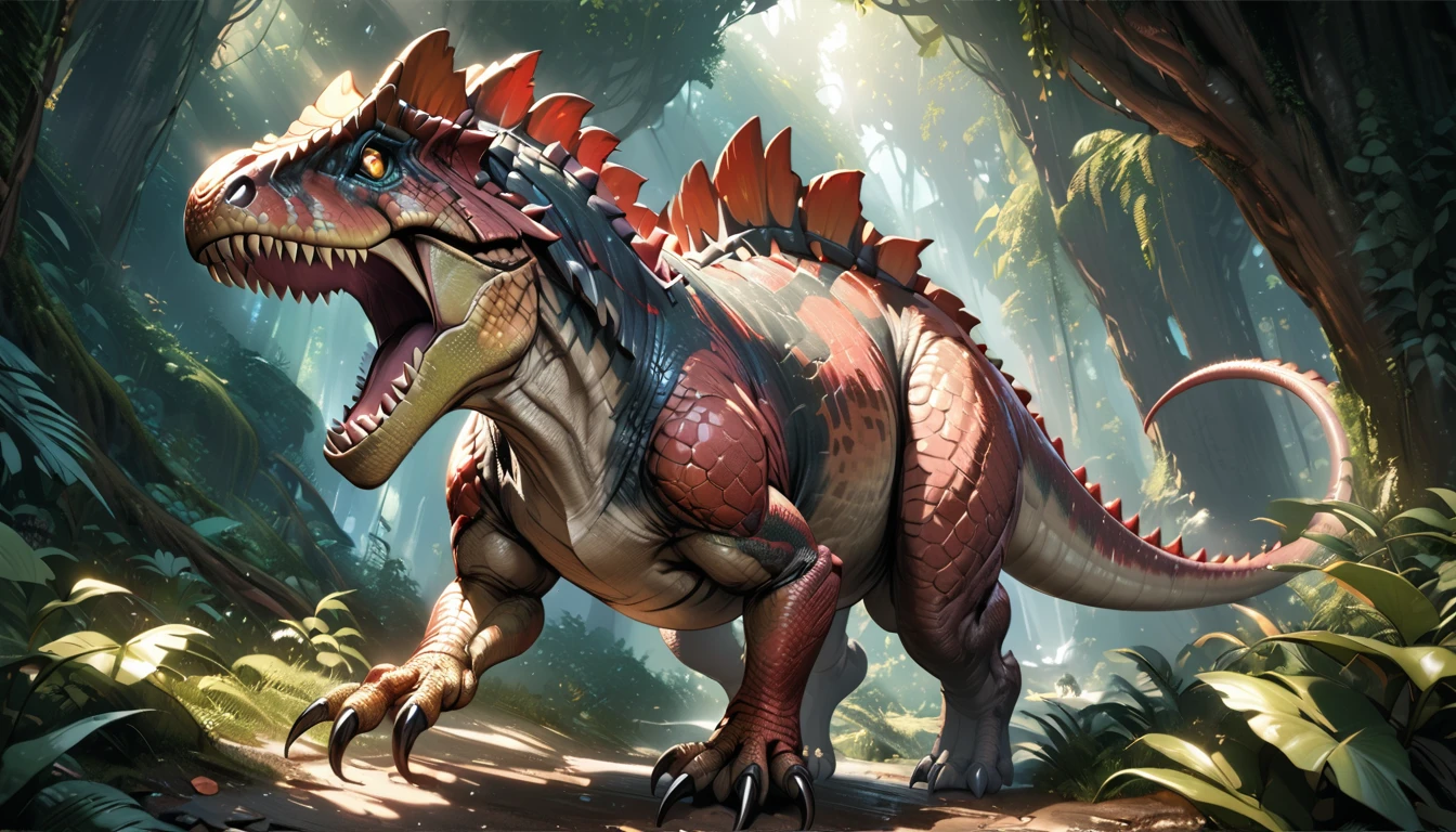 cute pink Tyrannosaurus, 1 dinoaur, mythological creature, fantasy art, detailed scales, sharp teeth, claws, spikes, vibrant colors, glowing eyes, dynamic pose, natural environment, lush foliage, sunlight, photorealistic, 8k, high resolution, intricate details, digital painting, concept art