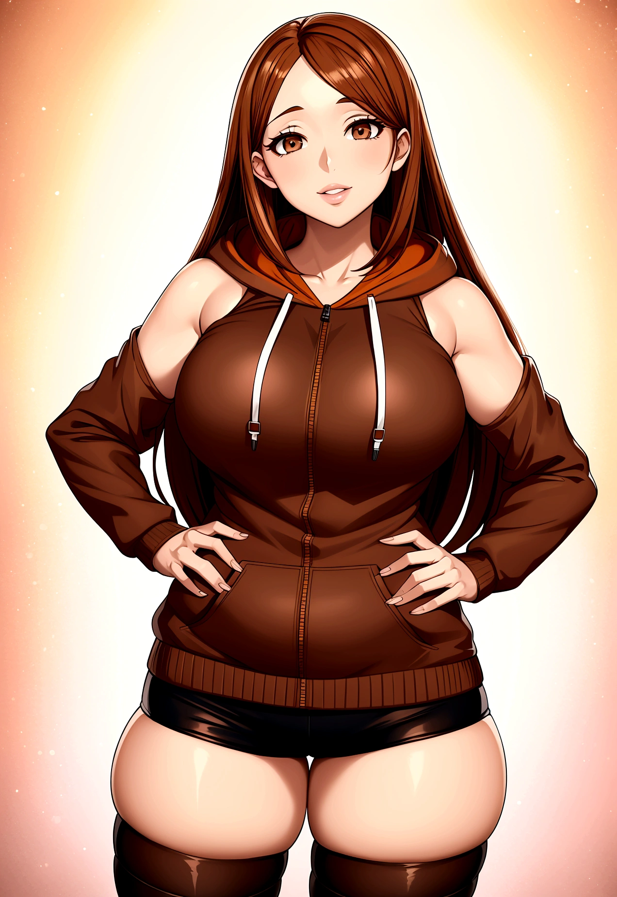 ((high aesthetic)), art by kipteitei, absurdres, absurd resolution, highly rated, highres, art by kipteitei, high resolution, best quality, masterpiece, full body, (facing viewer), 1girl, ((solo)), white background, clothed, perfect face, perfect eyes, neneneji, tight outfit, smile, natural skin texture, 4k textures, hdr, intricate, highly detailed, puffy lips, thick lips, hyperdetailed, mature female, inoue orihime, long hair, orange hair, (brown eyes:1.5), thighhighs, shorts, sleeveless, hood, hoodie, pink hoodie,