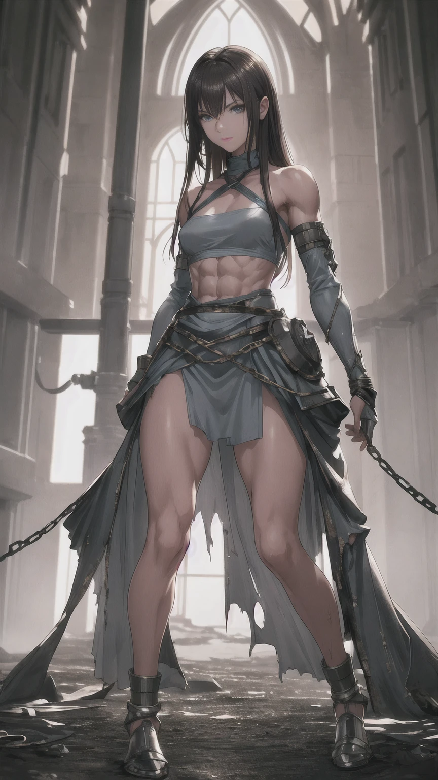 Cute, gorgeous, Caucasian girl, fit, (muscular:1.2), 18, abs, slender, slim, long brown hair, blue eyes, seductive, stunning, flawless, perfect, beautiful, cute, pretty, scared, (frightened), full body, (dressed in torn and dirty clothing), (shackled and chained), jailed in a cage, in a prison, (dirty), masterpiece, 8k, highly detailed, SLR lighting, SLR camera, ultra-quality, sharpness, depth of field, film grain (center), Fujifilm XT3, crystal clear, frame center, beautiful face, sharp focus, detailed skin pores, tiny waist, triceps, detailed (textures!, hair!, shine, color!!)
