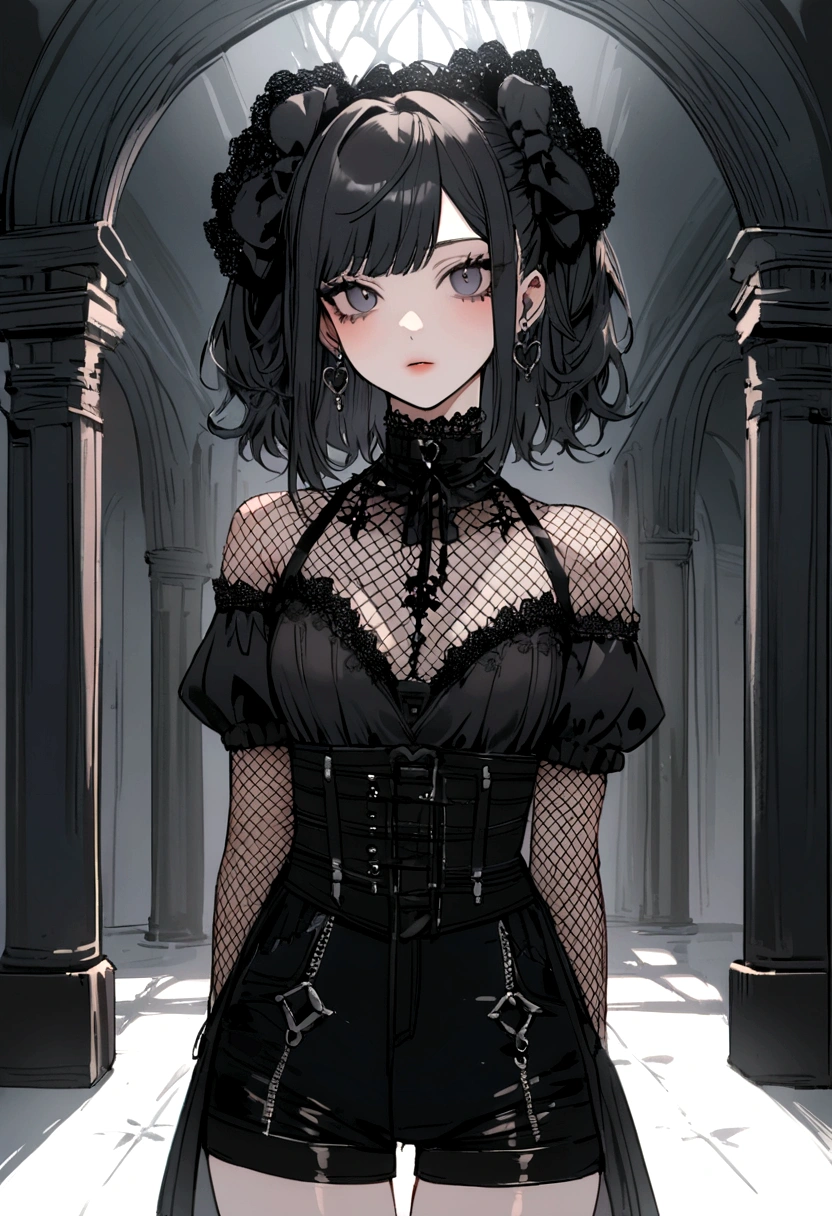 <lora:konpeto-05:1>, masterpiece, best quality, makeup, gothic, piercing, ear piercing, choker, fishnets, frills, skindentation, belt, multiple belts