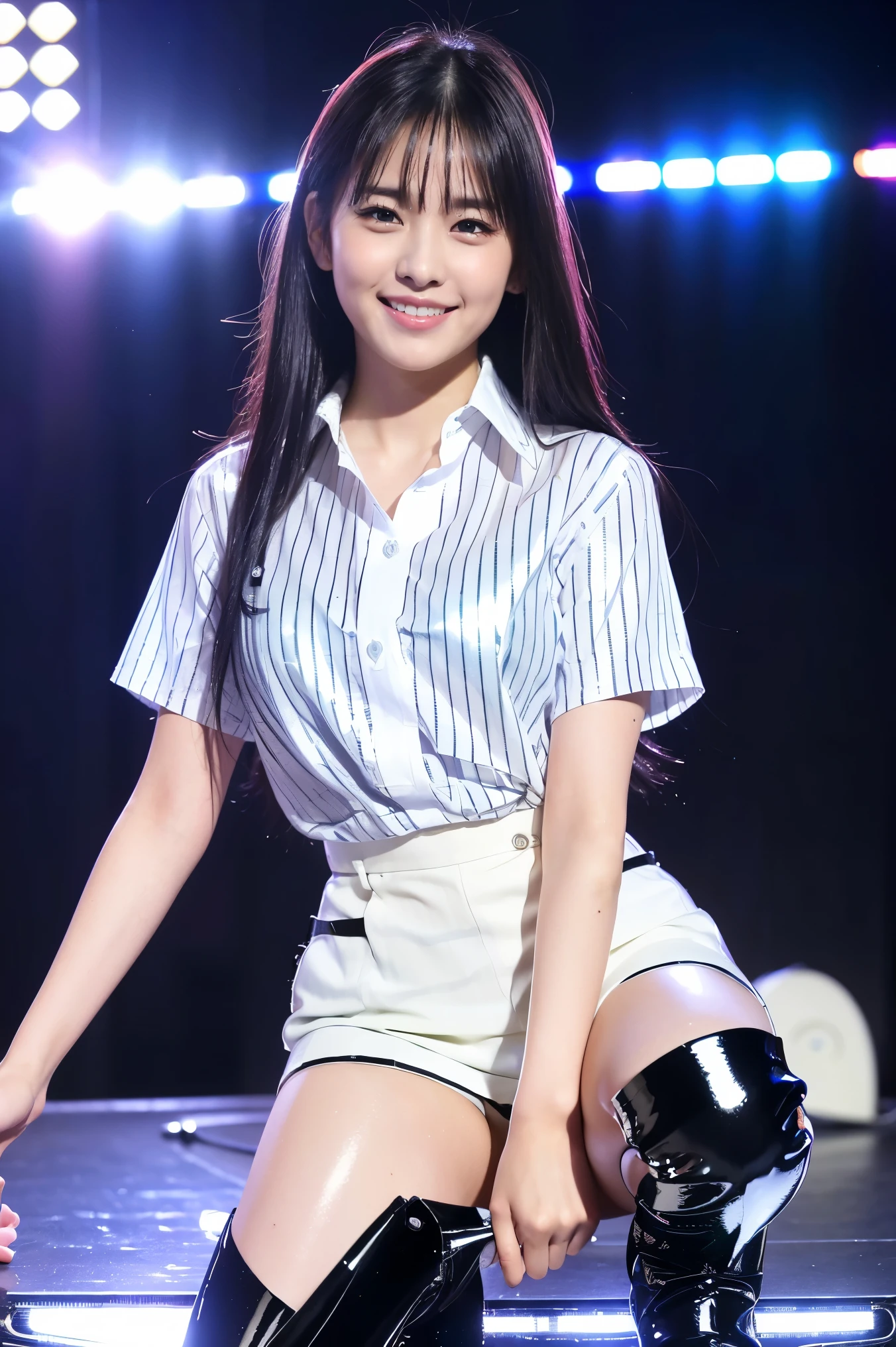 (8K), (highest quality: 1.2), (Realistic), (Realistic: 1.37), Ultra-high resolution, 1 girl, cute, (Embarrassed smile:1.2), (Blushing:1.4)Mouth closed, Beautiful details, Beautiful Nose, black straight Hair, (white super over size stripe shirt:1.5),(shirt untucked:1.2),(black long boots:1.2), school stage,(Shiny Thighs:1.5)