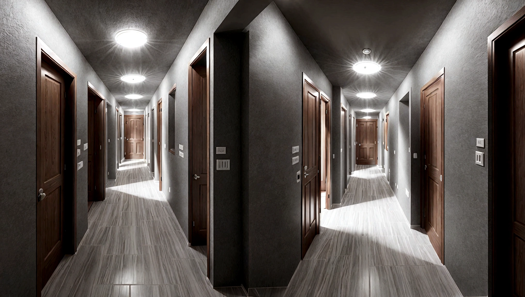 A gray hallway that has two exits. One exit gives a bright light and the other exit gives a more reddish light.