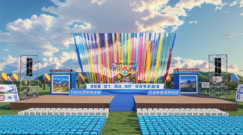 3D rendering of "Sichuan, Sgailaiho Culture and People'sajie Sports rubber field competition stage design with holographic screen, colorful, splash effects, grassland, blue sky, clouds, festive, decoration, flags and banners, photography