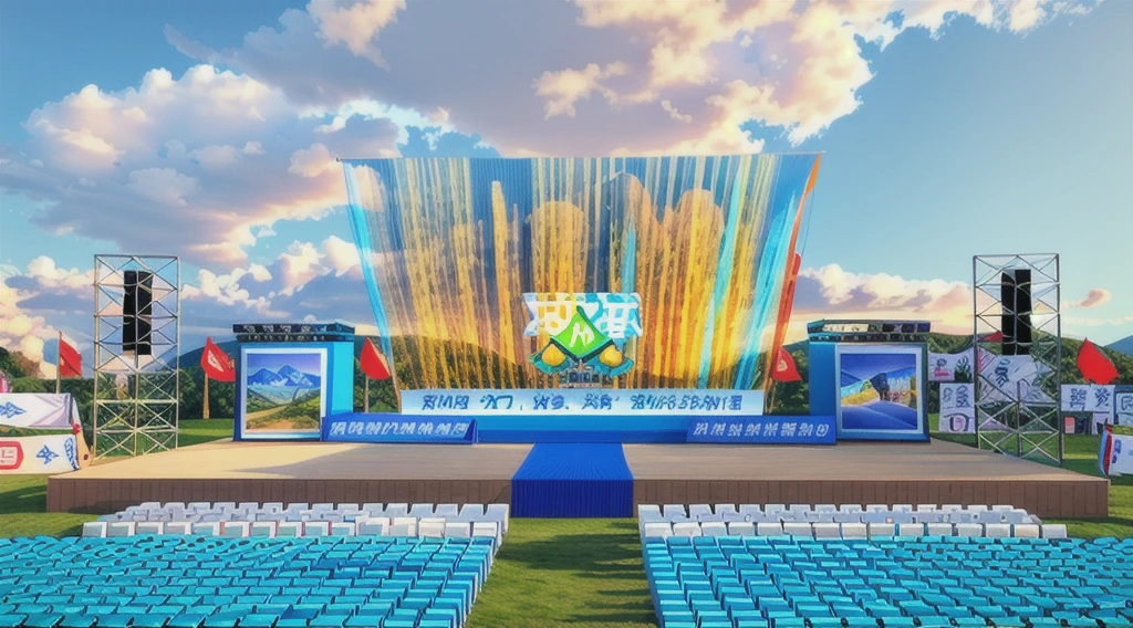 3D rendering of "Sichuan, Sgailaiho Culture and People'sajie Sports rubber field competition stage design with holographic screen, colorful, splash effects, grassland, blue sky, clouds, festive, decoration, flags and banners, photography