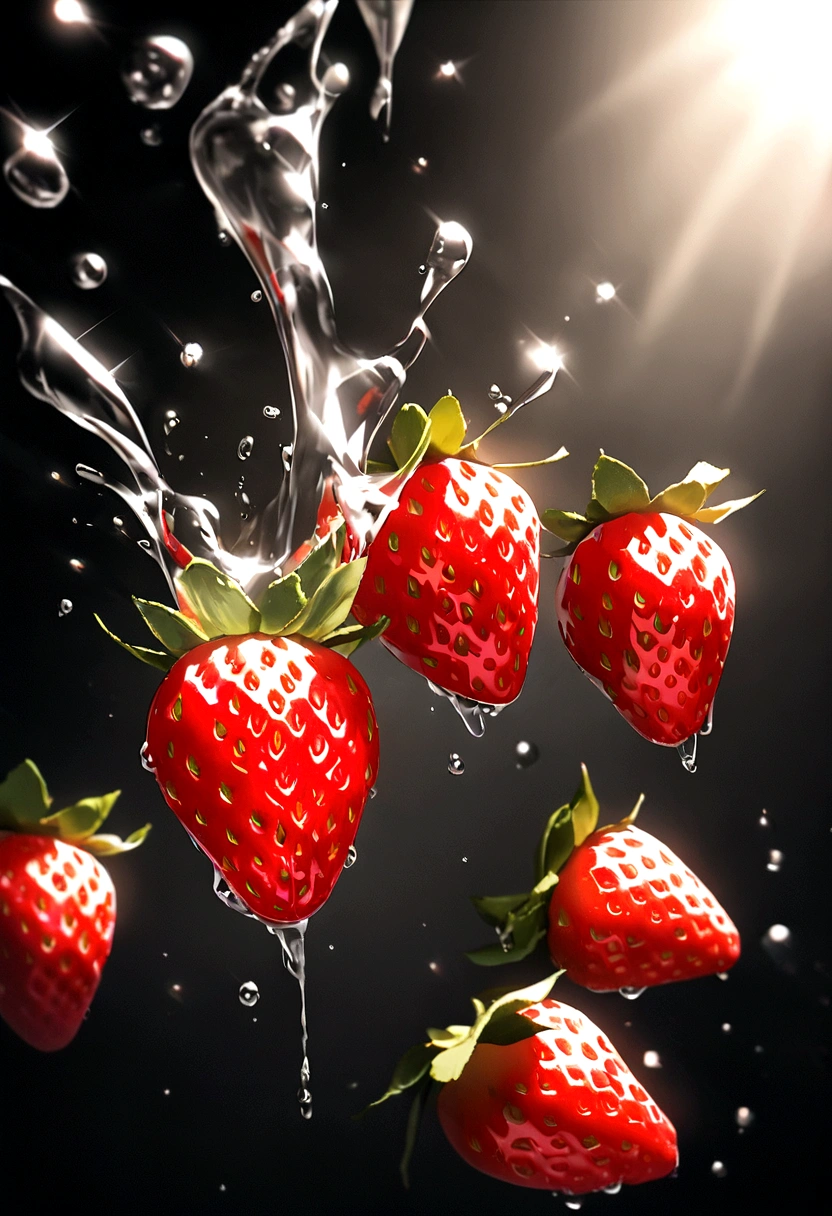Cinematic RAW Photos,Ultra-realistic photos,Ultra-realistic photos,Digital SLR,Soft lighting,Product photo of five strawberries falling into water、Dripping、Splashing clear liquid、Water flower,Dynamic Composition Star Part) (Highest quality) (be familiar with) (Cinema Lighting) (Sharp focus) (Complex), Master Parts, Highest quality, Ultra-high resolution, 8K Ultra HD