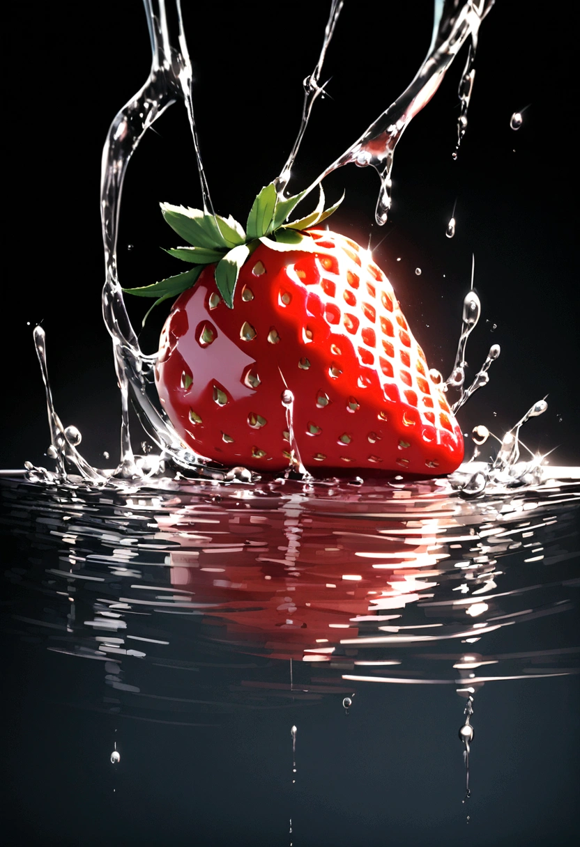 Cinematic RAW Photos,Ultra-realistic photos,Ultra-realistic photos,Digital SLR,Soft lighting,Product photo of five strawberries falling into water、Dripping、Splashing clear liquid、Water flower,Dynamic Composition Star Part) (Highest quality) (be familiar with) (Cinema Lighting) (Sharp focus) (Complex), Master Parts, Highest quality, Ultra-high resolution, 8K Ultra HD