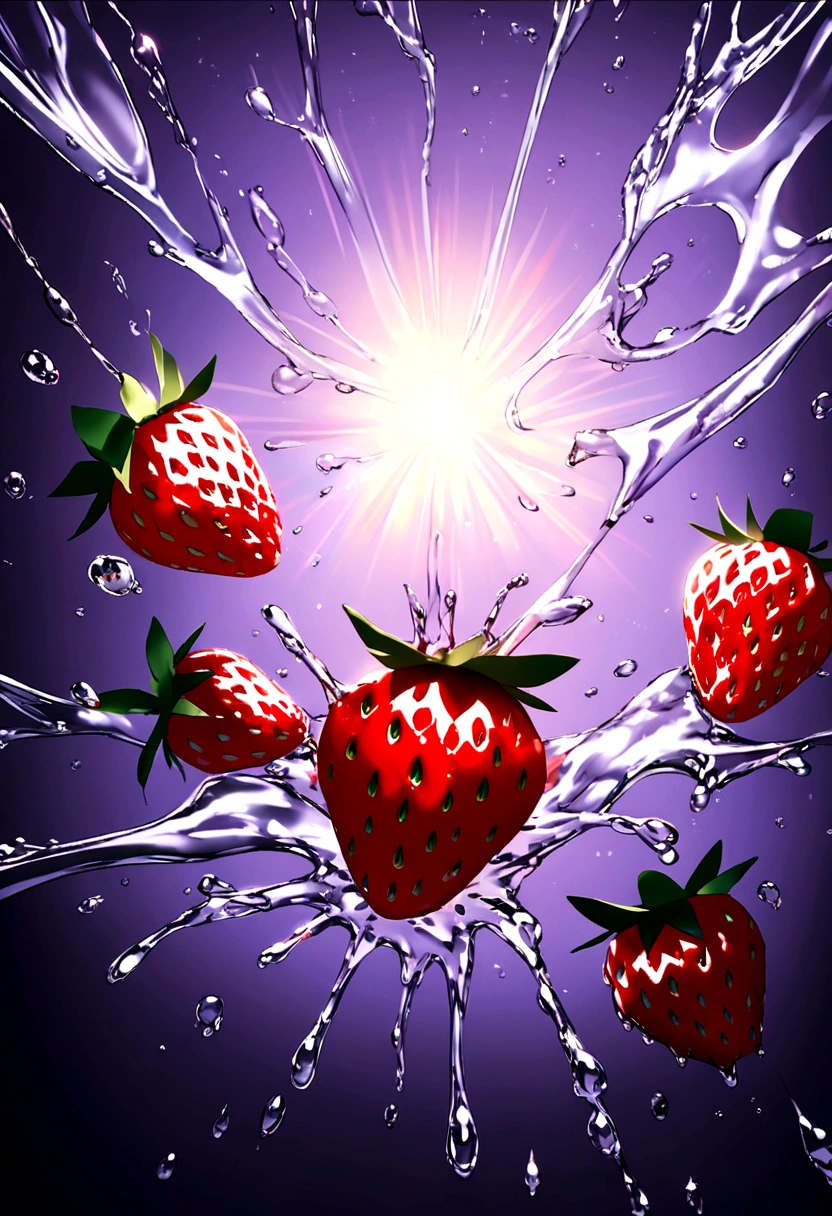 Cinematic RAW Photos,Ultra-realistic photos,Ultra-realistic photos,Digital SLR,Soft lighting,Product photo of five strawberries falling into water、Dripping、Splashing clear liquid、Water flower,Dynamic Composition Star Part) (Highest quality) (be familiar with) (Cinema Lighting) (Sharp focus) (Complex), Master Parts, Highest quality, Ultra-high resolution, 8K Ultra HD