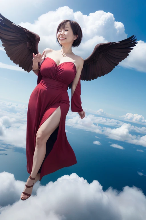 mature beautiful 55 year old japanese woman, married woman, thin lines, long eyelashes, red eyes, bob haircut, red lipstick, large breasts, angelic outfit, wings, floating, flying, clouds, sky