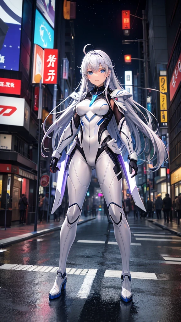 Beautiful girl full body photo Unreal Engine 5 8K UHD, white hair, Wearing a futuristic black tight combat suit, Half face cyberpunk mask, Futuristic Collar, white light details, make up, best quality, masterpiece