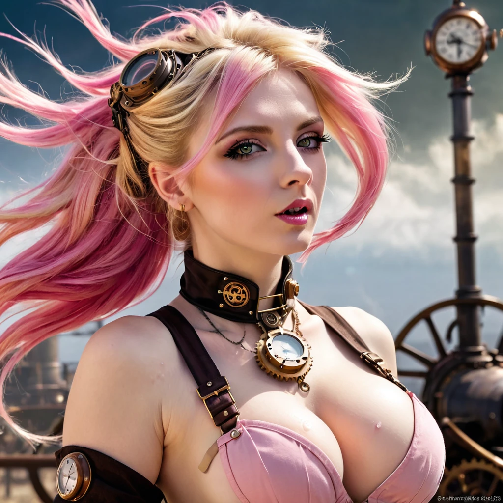 best quality, masterpiece, oral rape, upper body, woman, ruined makeup, blonde hair blown in the wind, shining eyes, steampunk nude style, thin clothes, pink clothes, pink hair, (cum on breasts:1.2)