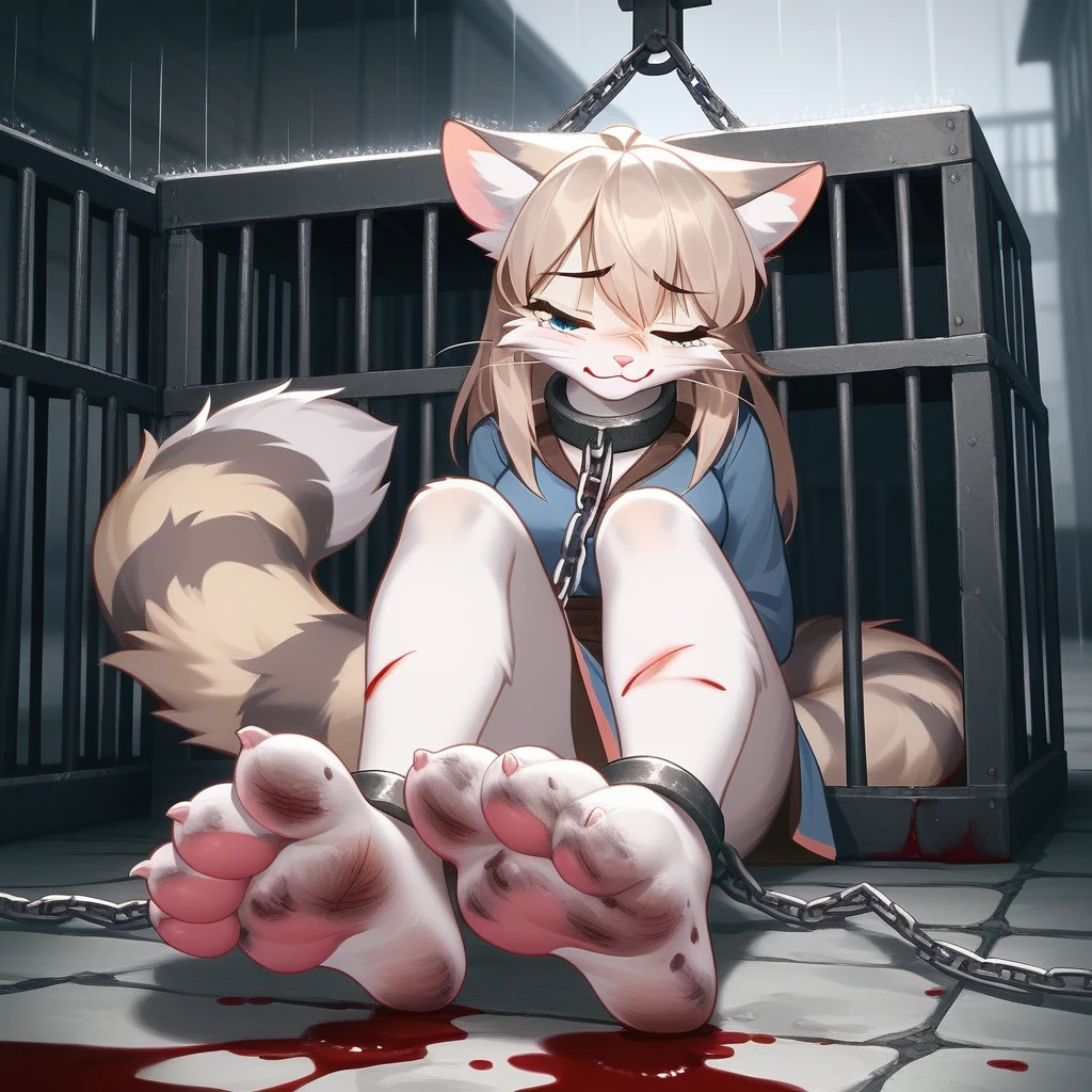 (hi res), ((masterpiece)) , ((best quality)),Solo, score_9,score_8_up,score_7_up, source_furry, Kat, Anthro furry feline girl, tall body, hourglass figure, adult female, blue eyes, silver fur, blonde hair with pony tail, (striped tail), white whiskers, pink nose, wearing simple blue long sleeve tunic, light brown fitted pants, barefoot, (feet paws), (4 toes), pink paw pads, foot focus, Her face was covered with tears,Have tears in her eyes,eyes closed, she is sleeping,outdoors, rainy day, spread feet apart, cute dainty feet,(The two feet paws are connected with chains between them),((there are many chains)),The chains fastened her hands and feet paws ,(feet chains focus),she is locked in a big cage, as a slave, she is chained, chained on neck and feet,(very dirty feet),((bloody scars are only on her feet)),((no blood on her face )),((Fetters were placed on her feet)),(Fetters and feet focused),(her hands paws are chained to the cage),(her feet paws were chaind to the cage),She looks pathetic,