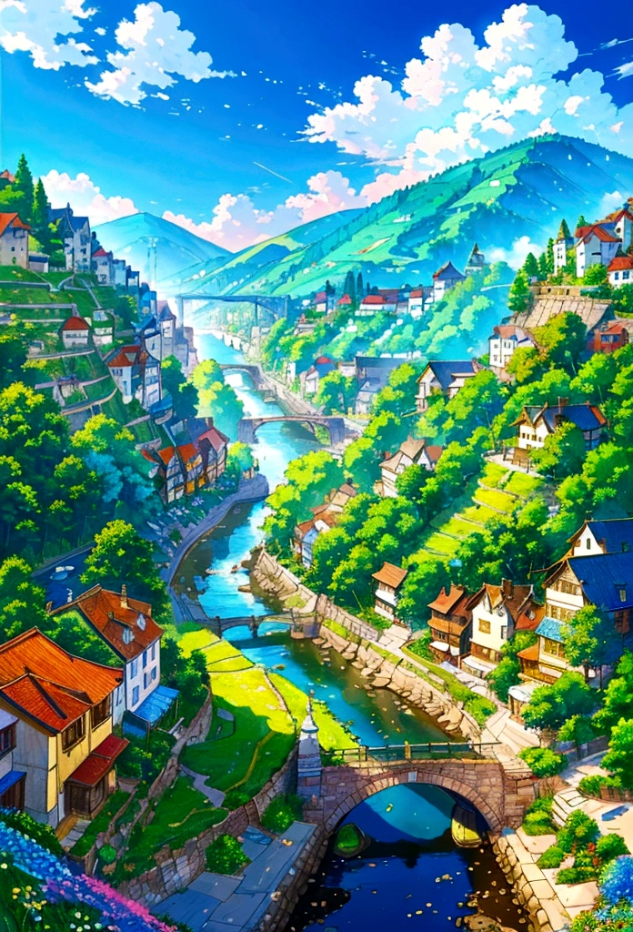 Generate an image of a serene old town nestled in a valley, surrounded by rolling hills and vibrant flowers in full bloom. Above the town, a majestic blimp gracefully floats in the clear blue sky, its colorful design contrasting beautifully with the historic architecture of the quaint houses and cobblestone streets below. Capture the nostalgic charm and peaceful ambiance of this idyllic countryside scene.