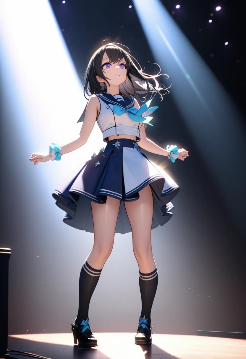 Idol Stage, Idol Dress, beautiful, Very detailed, masterpiece, Highest quality, Tyndall effect, light, Stage lighting, Long black hair high school girl、Purple eyes、Sailor suit, Knee socks, on stage, look up, Light Scattering, Volumetric lighting, Spotlight, light, atmosphere, Octane Rendering, 8K