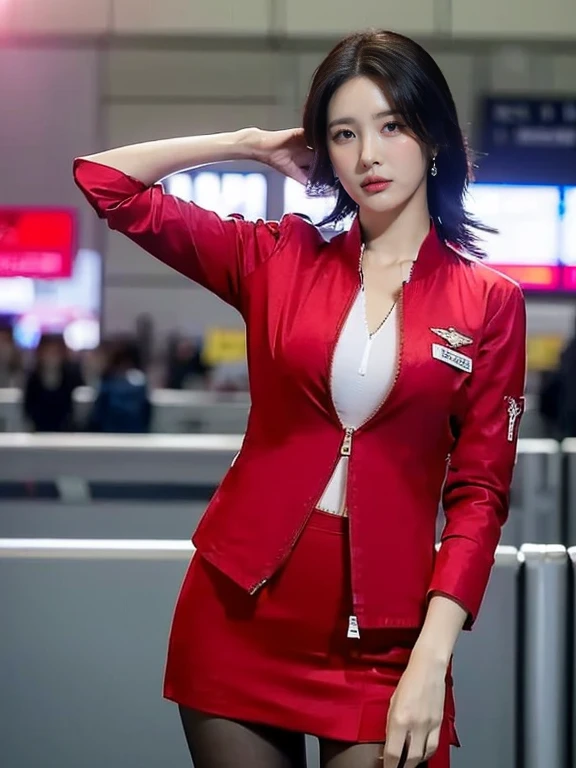 (masterpiece:1.2, highest quality:1.2), 32k HDR, High resolution, (alone, 1 girl), （Realistic style of AirAsia stewardess uniform）, neat woman, beautiful face, brown hair, (long hair down to waist), (red jacket:1.1, Unzipped jacket, unbuttoned white shirt:1.05, red mini skirt:1.1, pantyhose), perfect slim body:1.1, huge , Huge  cleavage, detailed skin texture, fine eyes, (fascinating look:1.2), necklace、earrings、(forward leaning posture:1.5, in an airport, London , Heathrow airport,blue eyes