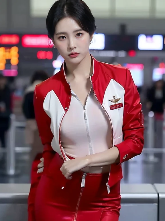 1girl, solo, breasts, looking at viewer, short hair, black hair, standing, cowboy shot, red gross lips, realistic.,Ava (masterpiece, highest quality, 32k HDR, High resolution, (alone, 1 girl), （Realistic style of AirAsia stewardess uniform）, neat woman, beautiful face, (red jacket, Unzipped jacket, unbuttoned white shirt, red mini skirt,pantyhose), perfect slim body, huge breasts, detailed skin texture, fine eyes, (fascinating look), earrings、(cowboy shot posture, in an airport, Tokyo , Narita airport,