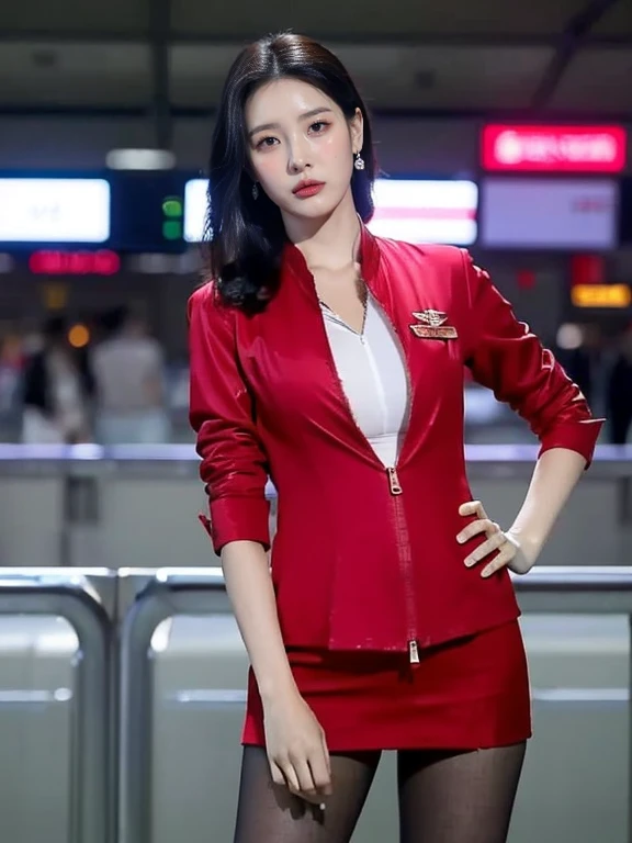 1girl, solo, breasts, looking at viewer, short hair, black hair, standing, cowboy shot, red gross lips, realistic.,Ava (masterpiece, highest quality, 32k HDR, High resolution, (alone, 1 girl), （Realistic style of AirAsia stewardess uniform）, neat woman, beautiful face, (red jacket, Unzipped jacket, unbuttoned white shirt, red mini skirt,pantyhose), perfect slim body, huge breasts, detailed skin texture, fine eyes, (fascinating look), earrings、(cowboy shot posture, in an airport, Tokyo , Narita airport,