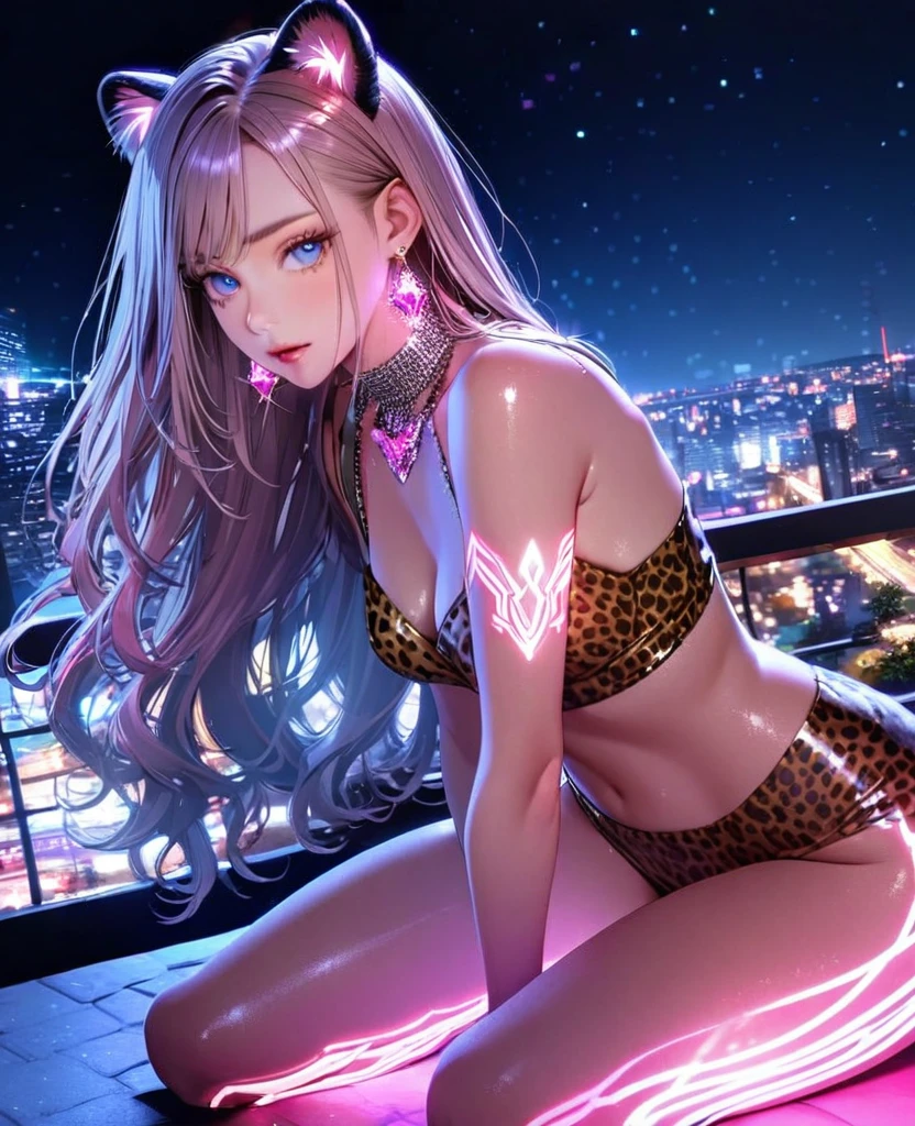 8K,gal,Beautiful and realistic skin,Shiny jewel-like earrings,pink glowing tattoo,Long colerful hair,blue eyes,Night view,Sparkling landscape,whole body,Leopard print clothes,大きな黒いライオン